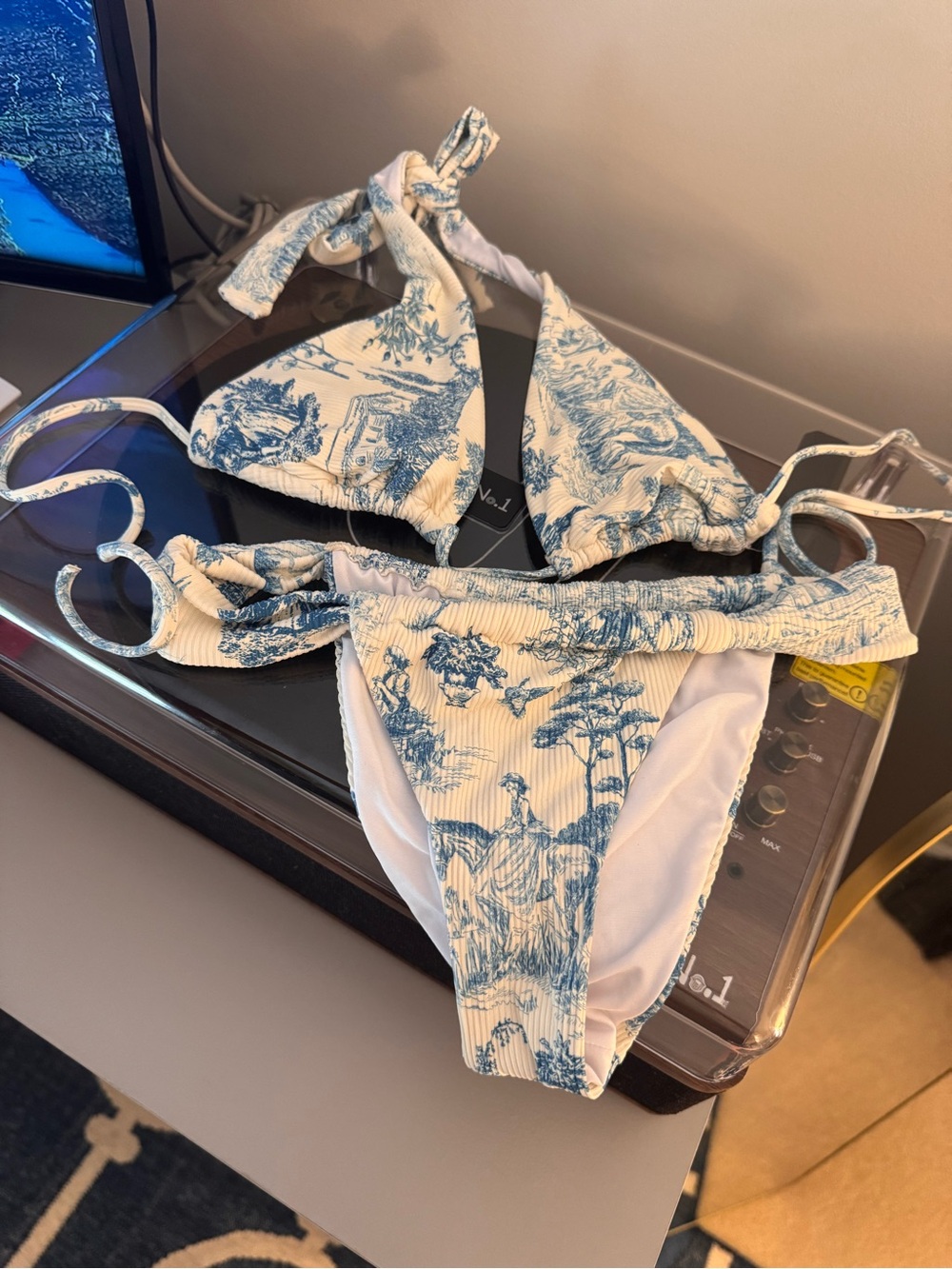 Blue Toile Print Ribbed Triangle Bikini Set
